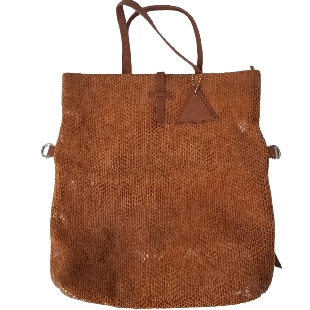 Sorial New York Cognac Brown Cross Body Python Snake Skin Print Leather Satchel